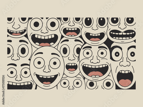 Retro rubber hose cartoon faces pattern, vintage comic style character expressions, hand drawn doodle of laughing and smiling people on beige background