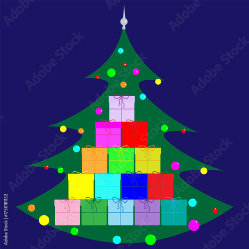 On a blue background, a Christmas tree with decorations and gifts. The concept of a Merry Christmas and a Happy New Year. Vector illustration.