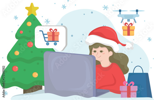 Online Christmas Shopping Vector Illustration ? Woman Buying Gifts on Laptop with Drone Delivery and Christmas Tree.eps
