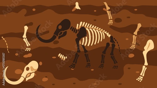 Flat animation of a mammoth skeleton buried underground with scattered bones. Perfect for educational videos, archaeology content, museum visuals, and prehistoric history presentations.