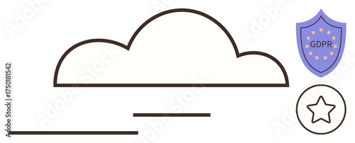 Cloud with a shield featuring GDPR and a star in a circle symbolizing compliance, trust, and quality. Ideal for privacy, security, data governance, IT standards, regulations, transparency simple