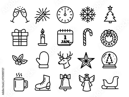 Outline Christmas Winter and New Year Icons