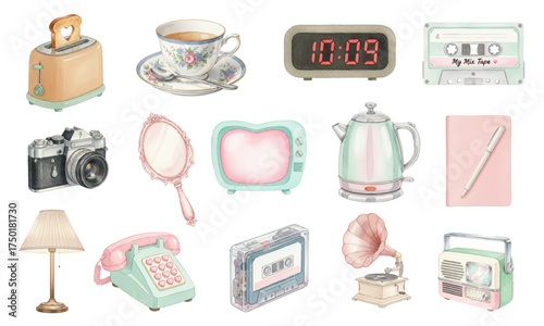 Pastel Watercolor Retro Domestic Objects Clipart