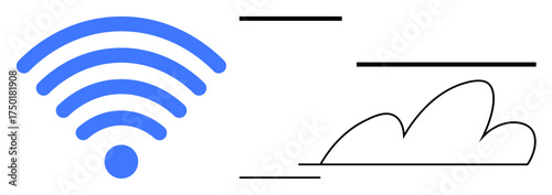 Blue wireless symbol radiating signals next to a linear cloud illustration and minimalist lines. Ideal for technology, connectivity, cloud storage, internet, networking, communication, data sharing