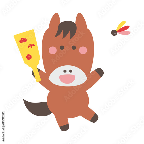 羽つきをするかわいい馬のキャラクターイラスト素材