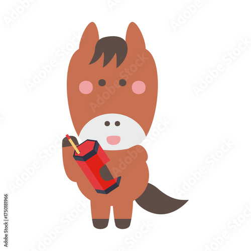 おみくじを引くかわいい馬のキャラクターイラスト素材