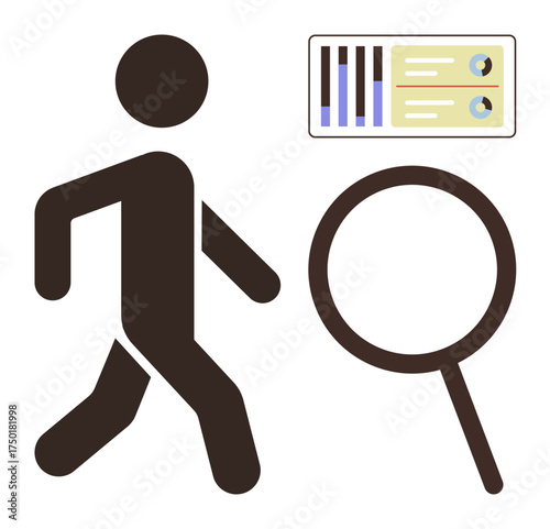 Silhouette of a walking person, magnifying glass, and data board representing research, analysis, progress, investigation, career development, exploration, and decision-making in a simple flat