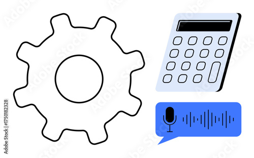 Gear, calculator, and voice recognition symbolizing automation, technology, innovation, productivity, data analysis, efficiency and integration. Ideal for digital transformation technical