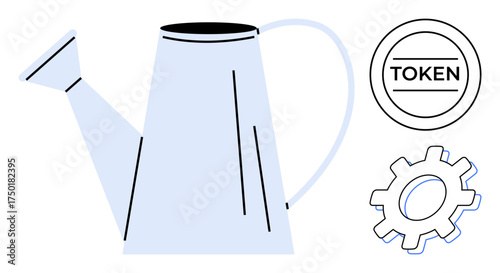 Minimalist watering can, gear, and token emphasize nurturing, innovation, productivity, investment, technology integration, team growth and resource allocation. Ideal for strategy planning startup