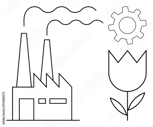 Factory emitting smoke with a gear and flower representing environmental balance, industry, growth, eco-friendliness, renewable energy, innovation, green technology. Ideal for sustainability