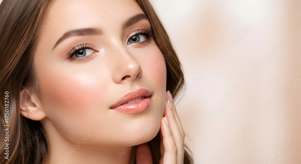 Obraz premium Radiant Glow of Beauty: Captivating portrait of a woman with flawless skin and gentle expression, highlighting natural beauty and timeless elegance.