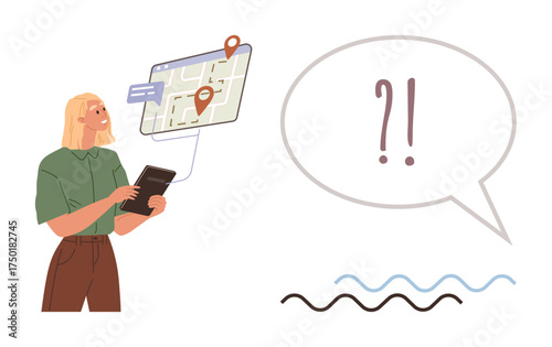 Woman holding tablet and looking at a digital map with location pins, alongside a speech bubble with question marks. Ideal for navigation, technology, confusion, decision-making, user interface