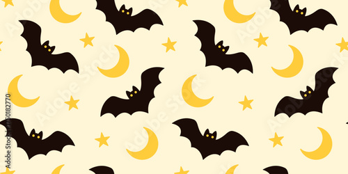Seamless Halloween pattern with flying black bats, yellow moons, and stars on a light background. For wrapping paper, card, textile, print packaging, wallpaper, fabric, festive design. Flat vector.
