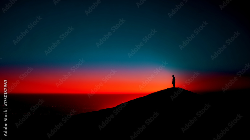 Fototapeta premium 夕暮れの山の頂上に立つ人のシルエット