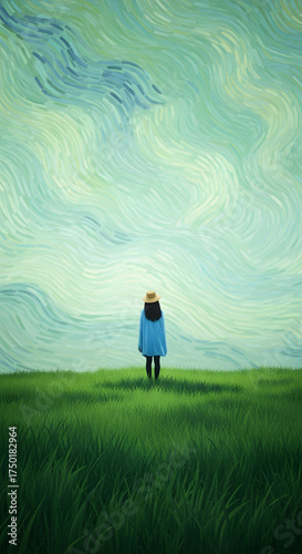 Serene Solitude in Meadow: A person, standing on a green, vast meadow gazing at a vast, tranquil sky. evokes a sense of peace and introspective solitude.