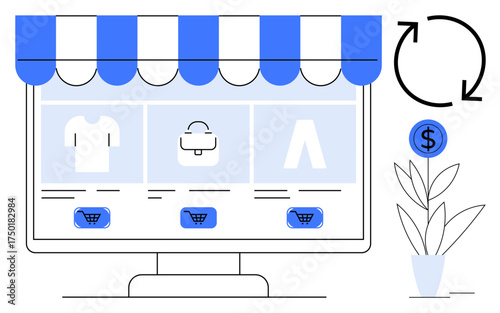 Computer screen with apparel and shopping carts, striped storefront awning, recycling arrow, potted plant, and dollar coin. Ideal for online shopping, e-commerce, sustainability, retail marketing