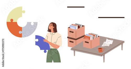 Woman holding puzzle piece near segmented chart, desk with file boxes, papers, and coffee cup. Ideal for teamwork, organization, planning, problem-solving, workflow productivity simple flat