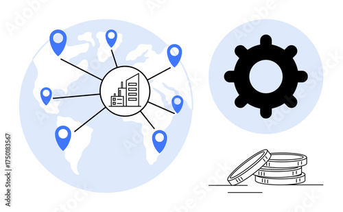 World map with location markers connected to a central building, gear icon symbolizing operations, and stacked coins for finance. Ideal for global trade, supply chain, business growth, logistics