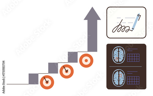 Bar graph steps with rising arrow, circular targets, brain scans, and document signature. Ideal for growth, goal setting, productivity, strategy, neuroscience progress tracking simple flat metaphor