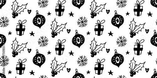 Seamless pattern with gifts, holly leaves and ornaments. Festive print. Hand drawn doodle outline vector background. 