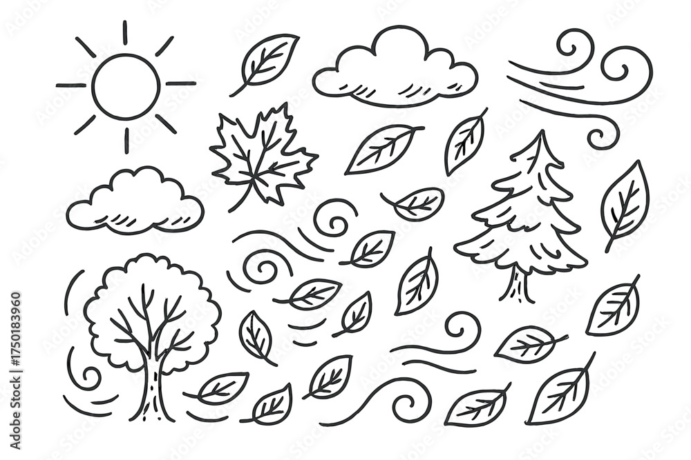 Naklejka premium Nature elements linear icon set. featuring sun, clouds, wind, leaves, tree symbols