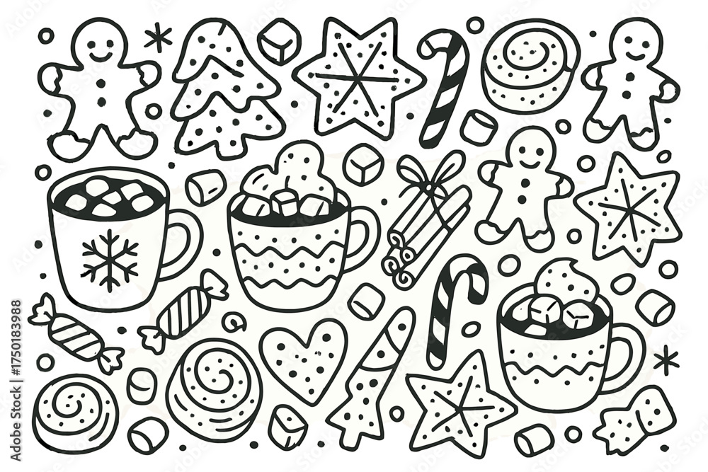 Fototapeta premium Holiday treats linear icon set. featuring gingerbread, candy cane, mug, stars, christmas trees, and sweets