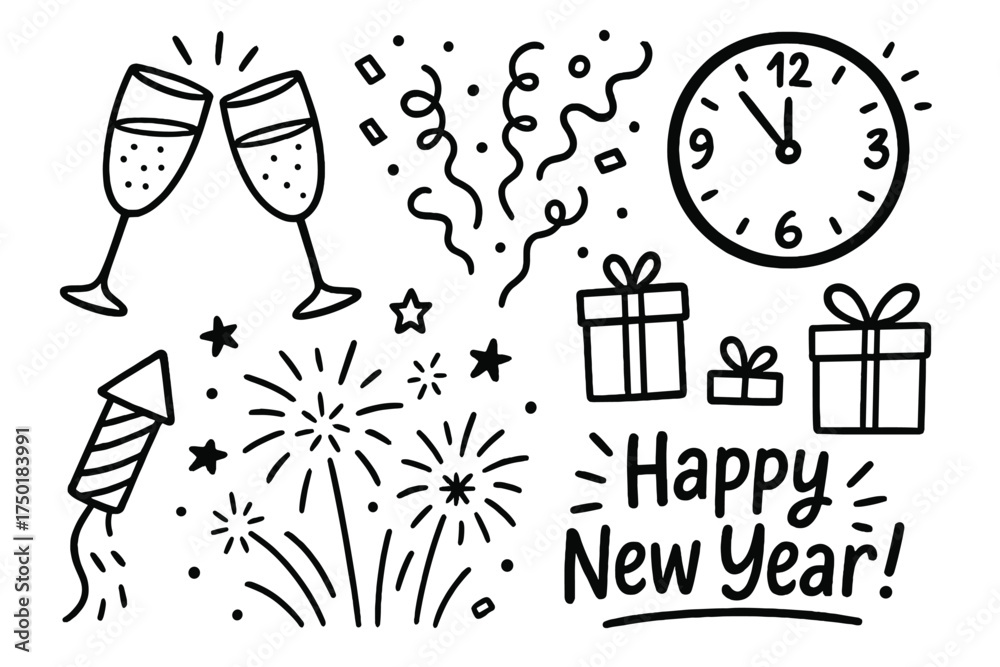 Fototapeta premium New year celebration silhouette icon set. featuring champagne, confetti, clock, gifts, fireworks, and new year text