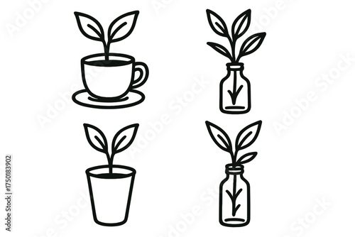Nature silhouette icons set. featuring coffee cup, glass, vase with plant symbols