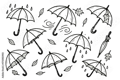 Weather silhouette icon set. featuring umbrella, leaf, wind, raindrop symbols