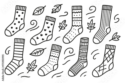 Autumn socks silhouette icon set. featuring leaves, polka dot, striped, patterned, and cozy warm designs