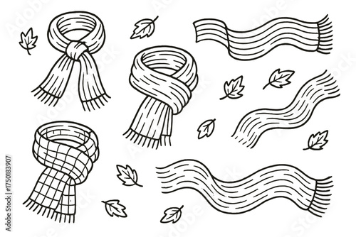 Autumn clothing linear icon set. featuring scarves, leaves, and wavy patterns