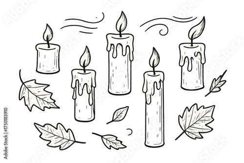 Autumn candles linear icon set. featuring candles, flames, leaves, fall, and wind symbols