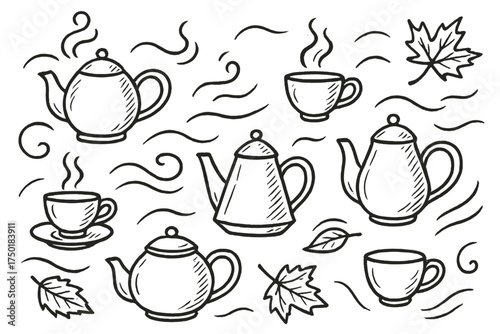 Tea time linear icons set. featuring teapot, cup, leaves, steam, and kettle symbols