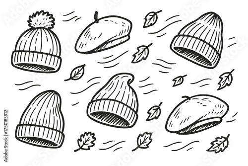 Autumn clothing and leaves linear icons set. featuring beanie, beret, knit cap, maple leaf, and wind symbols