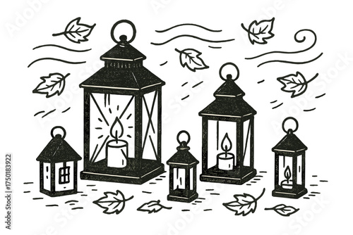 Autumn lanterns linear icon set. featuring lanterns, candles, leaves, and wind motifs