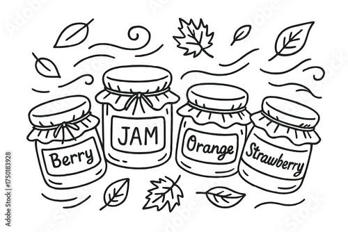 Jam and leaves linear icon set. featuring berry, orange, strawberry, leaves, swaying vines