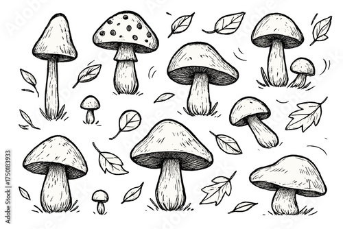 Nature and fungi linear icon set. featuring mushrooms, leaves, toadstools, amanita, nature, growth, and flora symbols