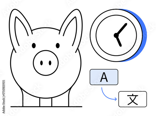 Piggy bank alongside a clock suggesting time-saving for financial planning and translation between languages. Ideal for savings, time management, education, globalization, communication, investment