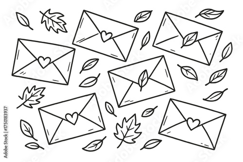 Love letter theme linear icon set. featuring envelope, heart, leaf, and romantic symbols