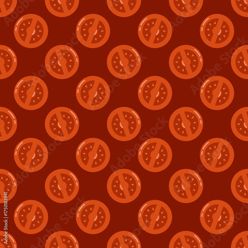 Seamless pattern with tomato slices on red background. Pizza ingredient. Flat vector food print. 