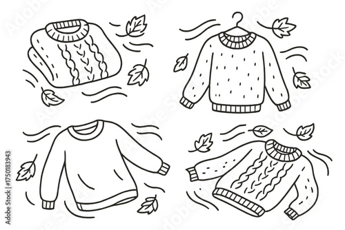 Autumn clothing linear icons set. featuring sweater, jumper, pullover, knitwear, fall fashion elements