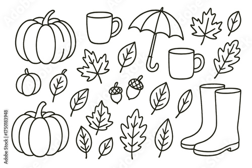 Autumn linear icons set. featuring pumpkin, umbrella, mug, acorn, boots, and maple leaf symbols