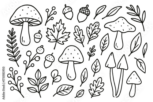 Nature elements silhouette icon set. featuring mushroom, leaf, acorn, and berry symbols