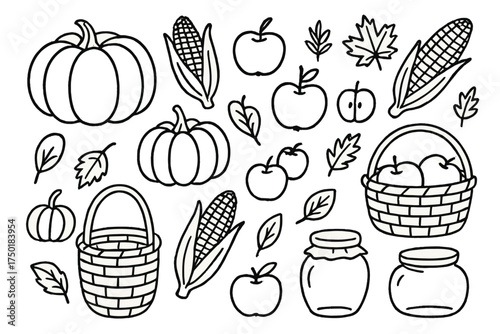 Autumn harvest linear icon set. featuring pumpkins, corn, apples, leaves, baskets, and jars