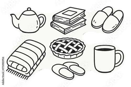 Cozy home lifestyle linear icon set. featuring teapot, books, slippers, blanket, pie, and mug symbols