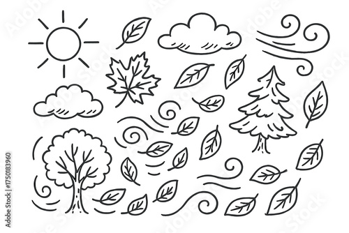 Nature elements linear icon set. featuring sun, clouds, wind, leaves, tree symbols