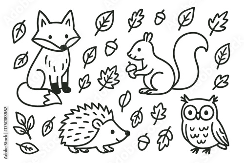 Woodland animals linear icon set. featuring fox, squirrel, hedgehog, owl, leaves, and acorns