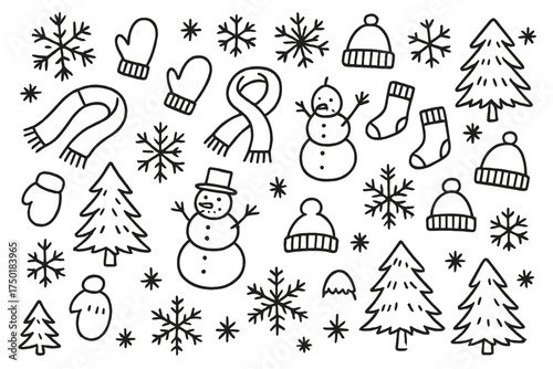 Winter elements linear icon set. featuring snowflake, mitten, scarf, snowman, sock, and tree symbols
