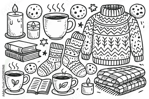 Winter essentials linear icon set. featuring sweater, socks, candle, cup, book, and blanket symbols