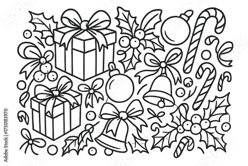 Christmas decorations silhouette icon set. featuring gift, bell, holly, candy cane, and ornament symbols